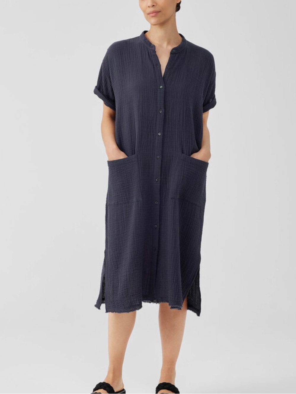 Eileen Fisher Organic Cotton Gauze Mandarin Collar Midi Dress Navy Blue Size M